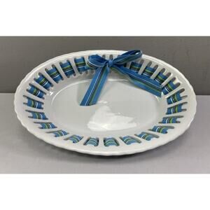 Godinger Antique Reflections Porcelain Ribbon Bowl Oval 12" Blue Strip